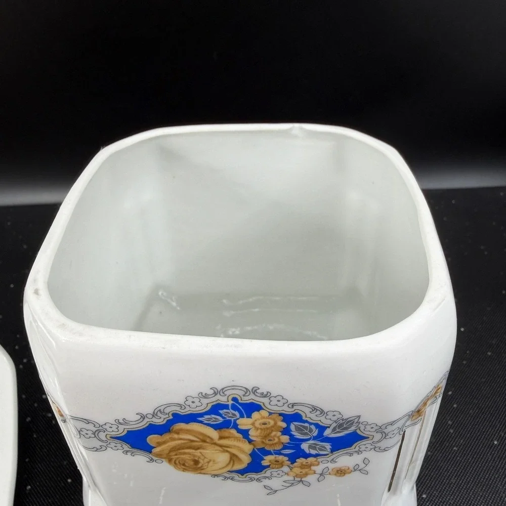 Victoria China Czechoslovakia Rice Canister Vintage Porcelain Blue Rose Floral
